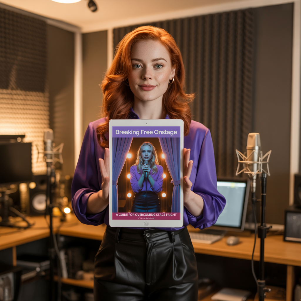 A young woman standing in a singing studio holding an ipad showing the Breaking Free Onstage - A Guide for Overcoming Stage Fright E-book