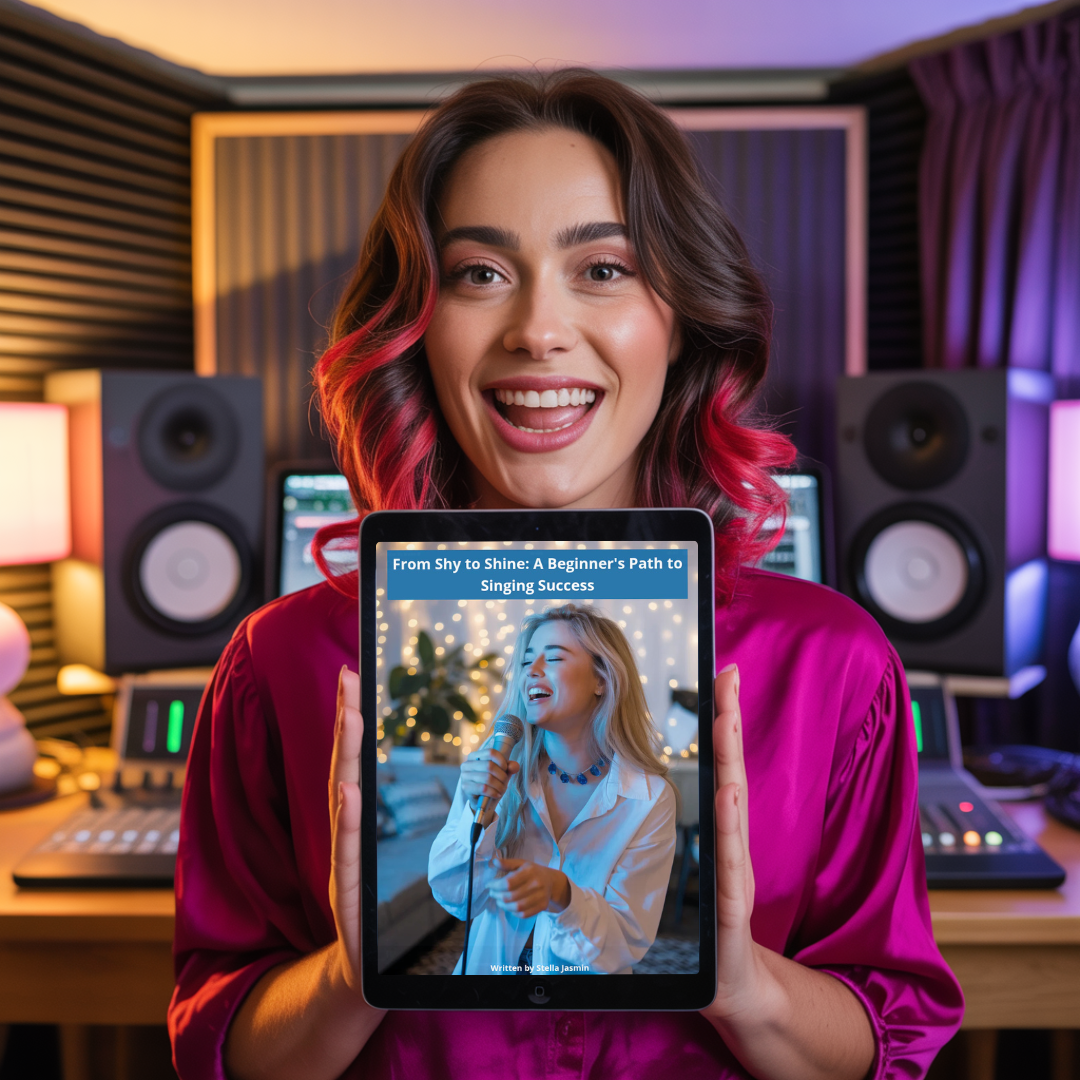 Girl Holding the From Shy to Shine E-book for Beginner Singers by The Singing Journey