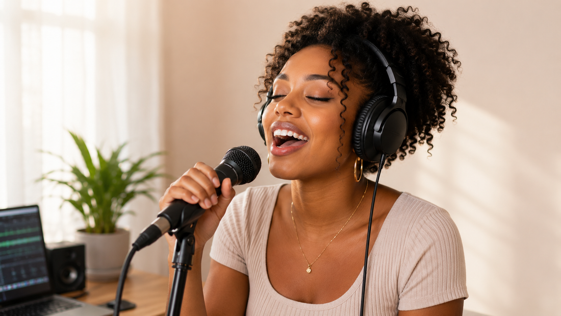 A young African American woman is singing happily into a dynamic microphone in her living room.