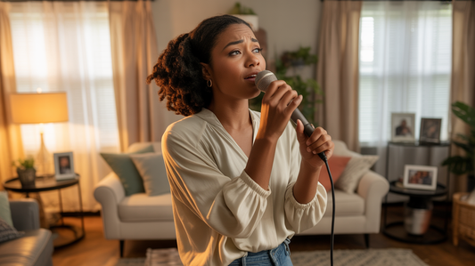 A young African American woman is singing with a look of concern on her face.