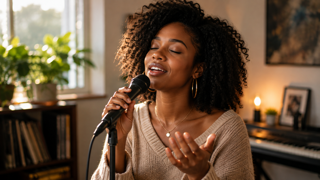 African American singer sings confidently in a microphone in her living space.