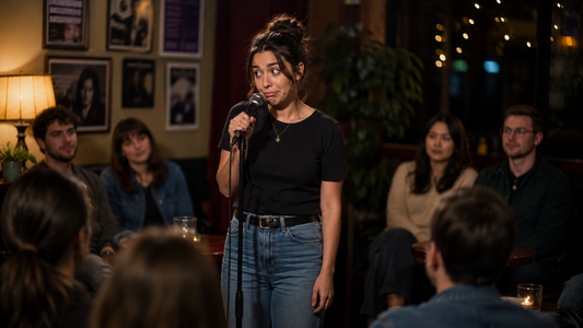 An embarrassed young woman sings in front of some people in a indoor establishment.