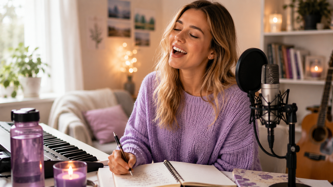 A young woman happily sings as she writes in a notebook journal.