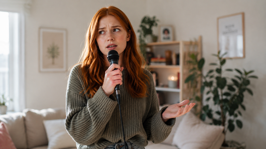 A young woman with a questioning look on her face sings into a microphone in her living room.