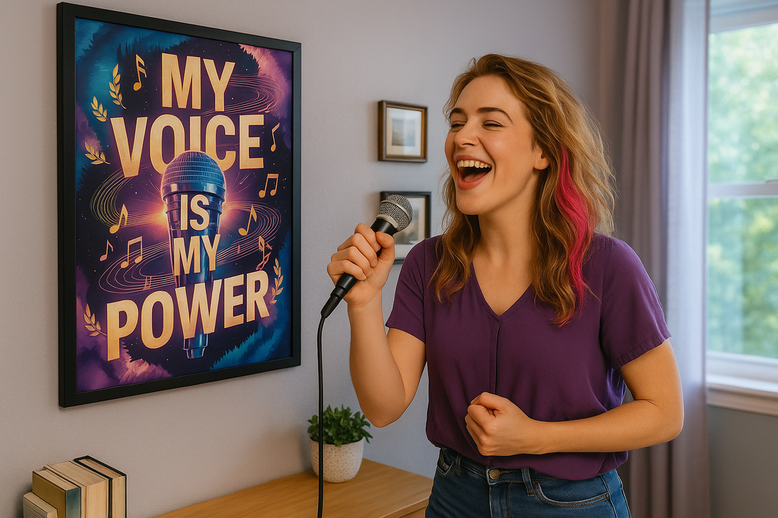 Young woman singing in front of the 'My Voice is My Power' poster - The Singing Journey - Blog Post
