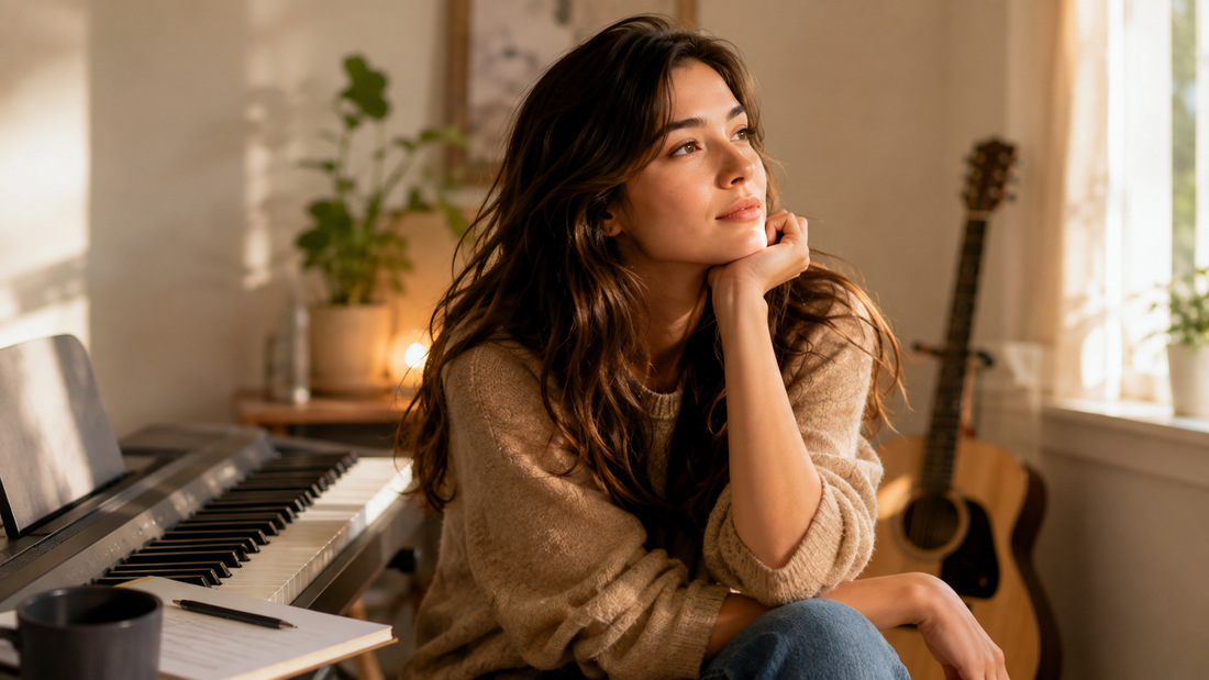 A young woman sits by a piano with a thoughtful look on her face.