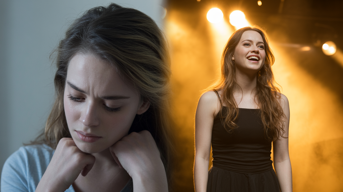 A split image of a young woman with a sad expression on the left and a young woman happily singing on the right.