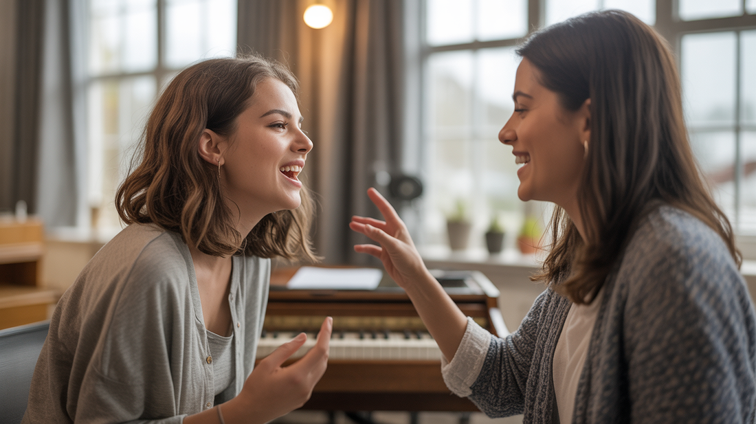 A young woman is singing in front of her singing instructor. Both have smiles on their faces.