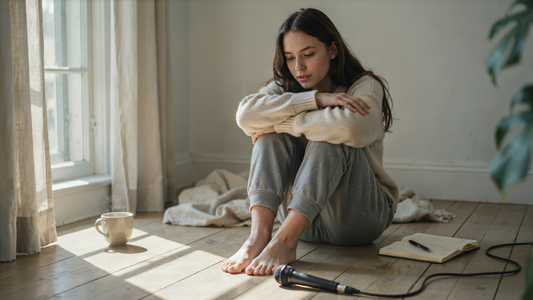 A young woman is looking distraught as she sits on a floor with a microphone, some papers and a coffee cup nearby.