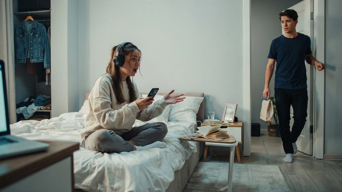 A young woman is singing on her bed and is embarrassed as a young man enters the room and hears her.