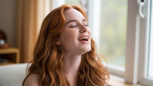A young woman with red hair sings happily.