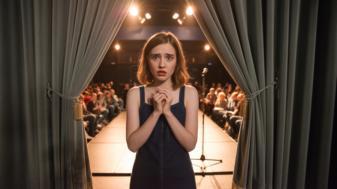 A young woman experiencing stage fright on a stage with open curtains and a crowd of people behind them.