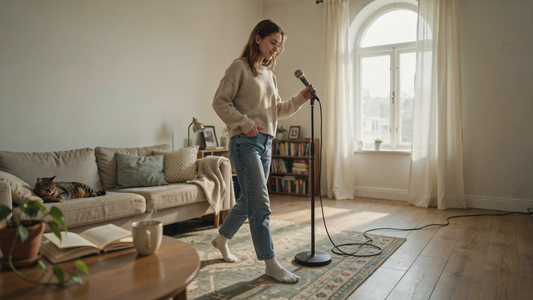 A young woman shyly steps towards a microphone in her living room.
