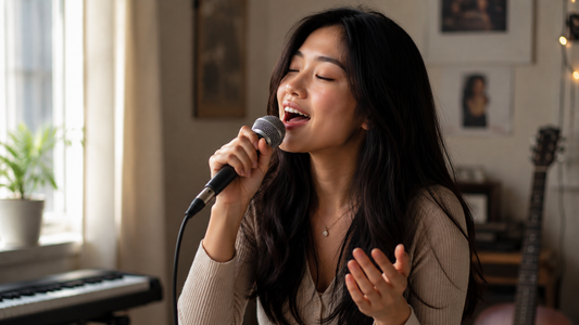 A young woman sings happily in her living room by a window.