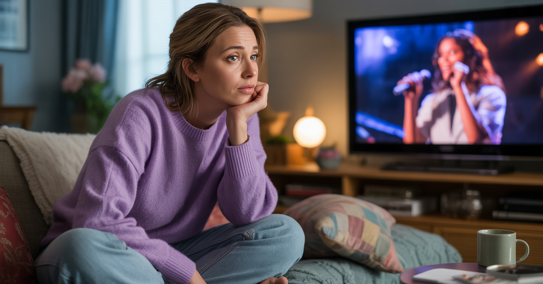 A young woman with a confused look on her face in front of a television featuring a singer.
