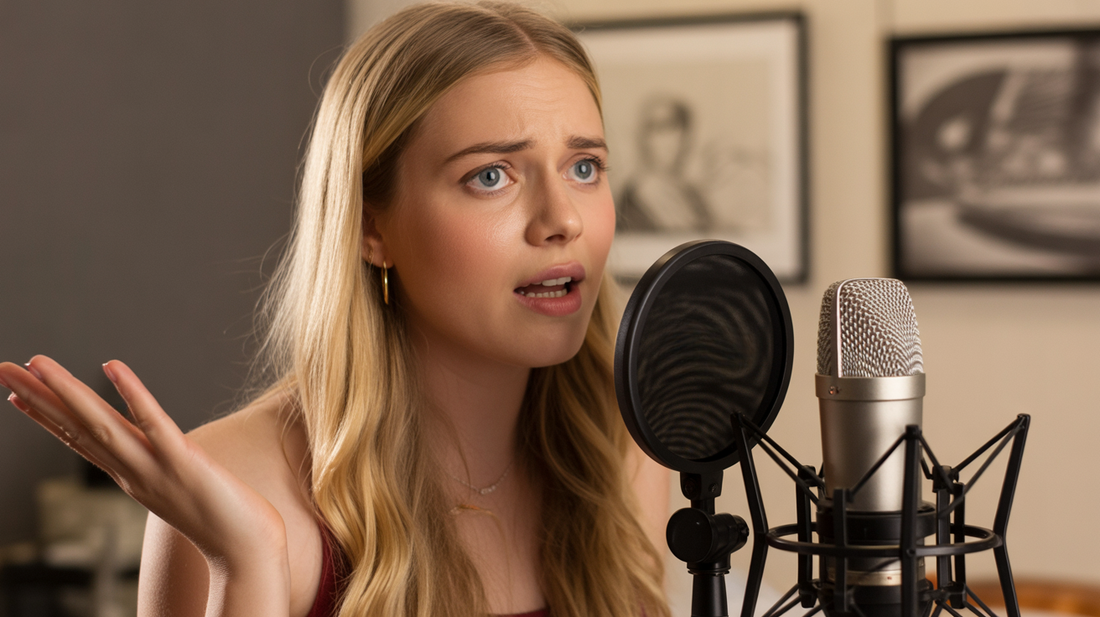 A young blond woman is singing in front of her microphone, slightly perplexed.