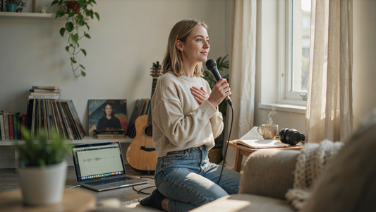 A young woman is singing with a content look on her face in a living room setting near a window.
