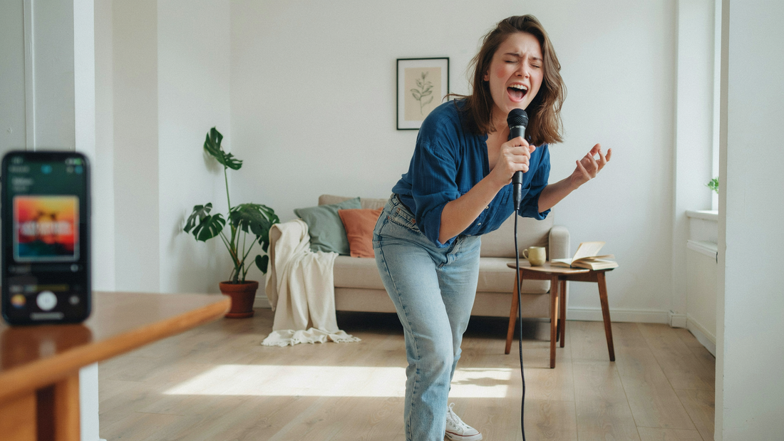 A young woman sings in a microphone with excitement in her living room.