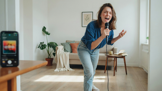 A young woman sings in a microphone with excitement in her living room.