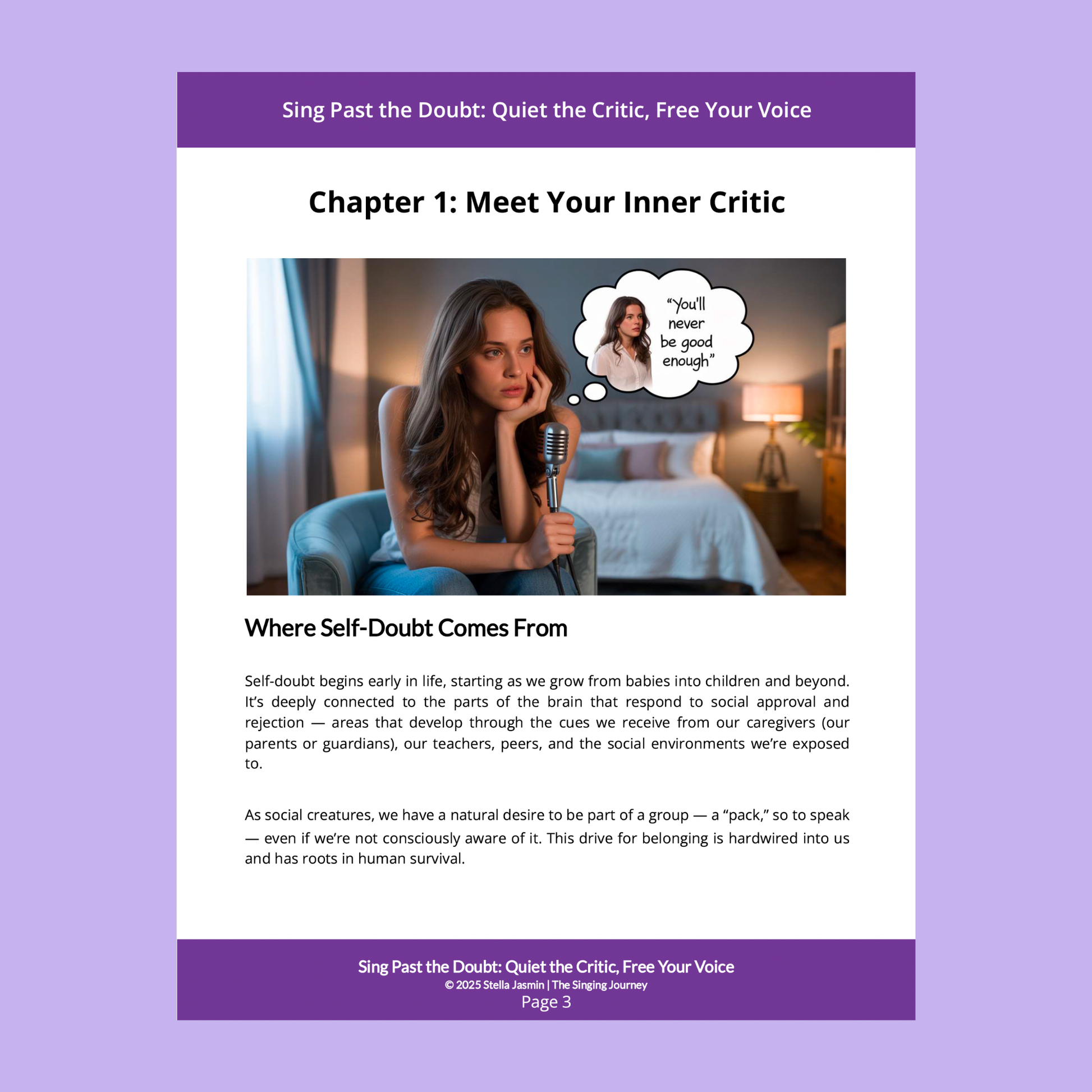 Chapter 1 of 'Sing Past the Doubt: Quiet the Critic, Free Your Voice' with a woman sitting on a couch and text about self-doubt.