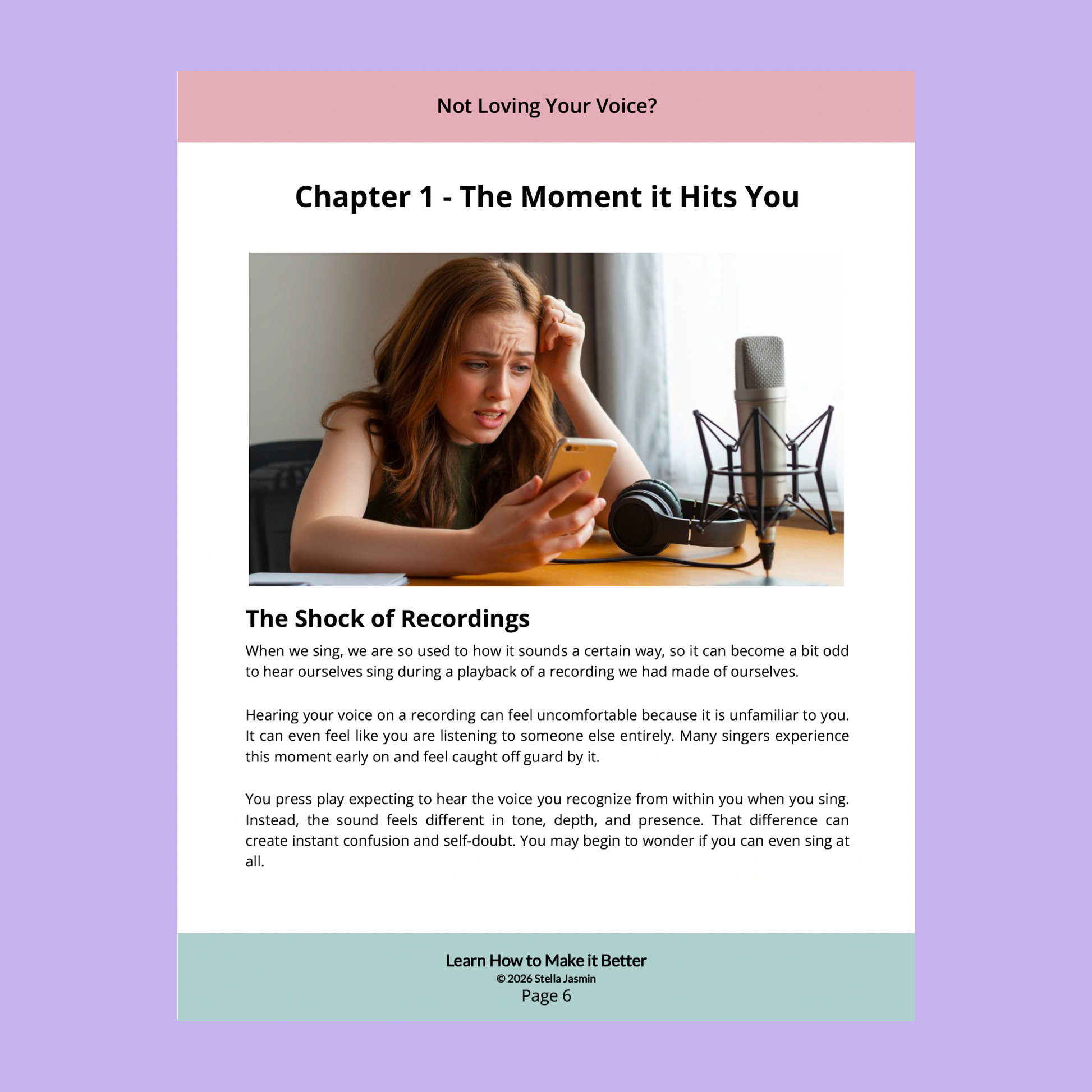 Chapter 1 of the e-book entitled, 'Not Loving Your Voice? Learn How to Make It Better', with a woman looking at her phone and a microphone, on a purple background.