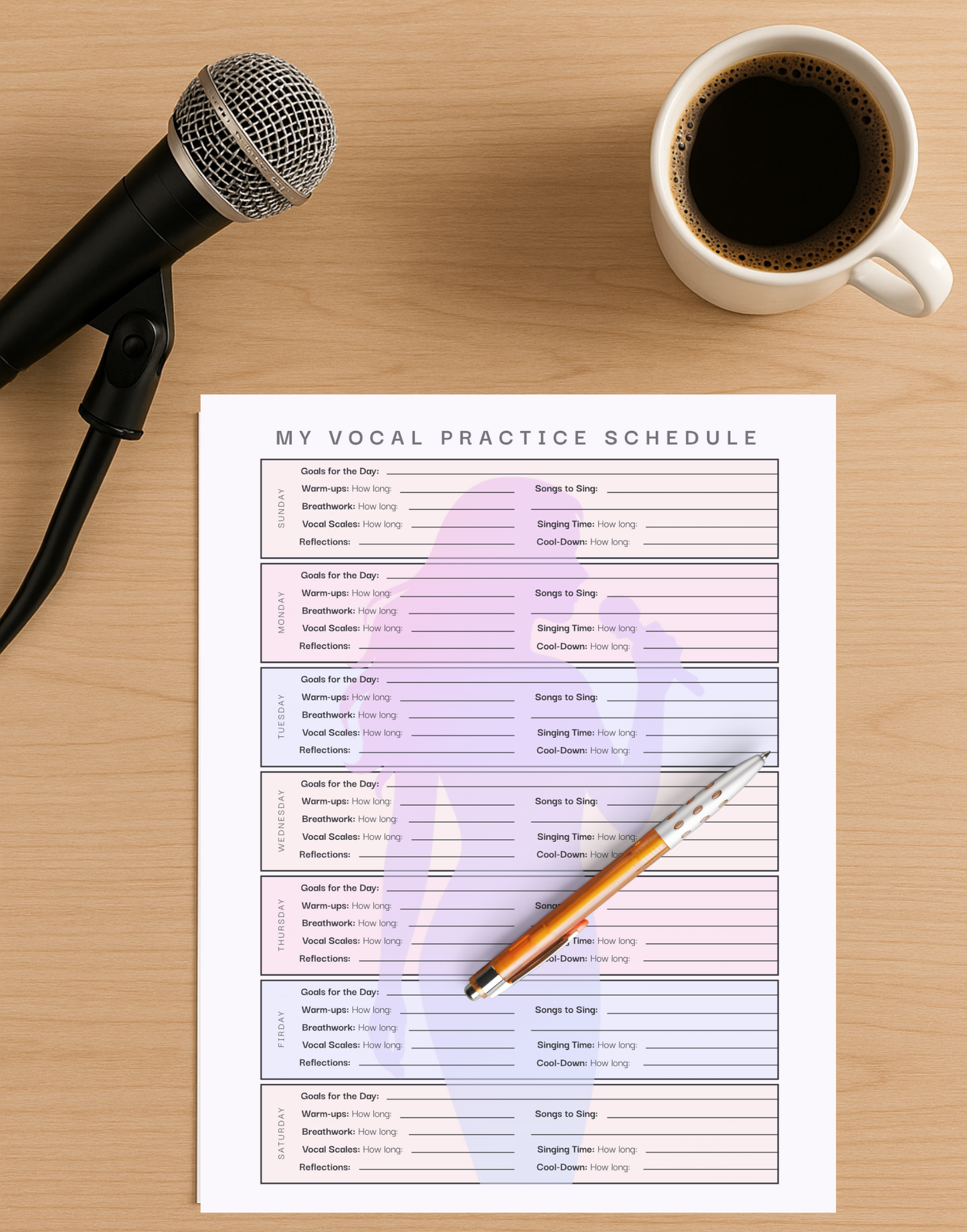My Vocal Practice Schedule - Weekly Printable Planner