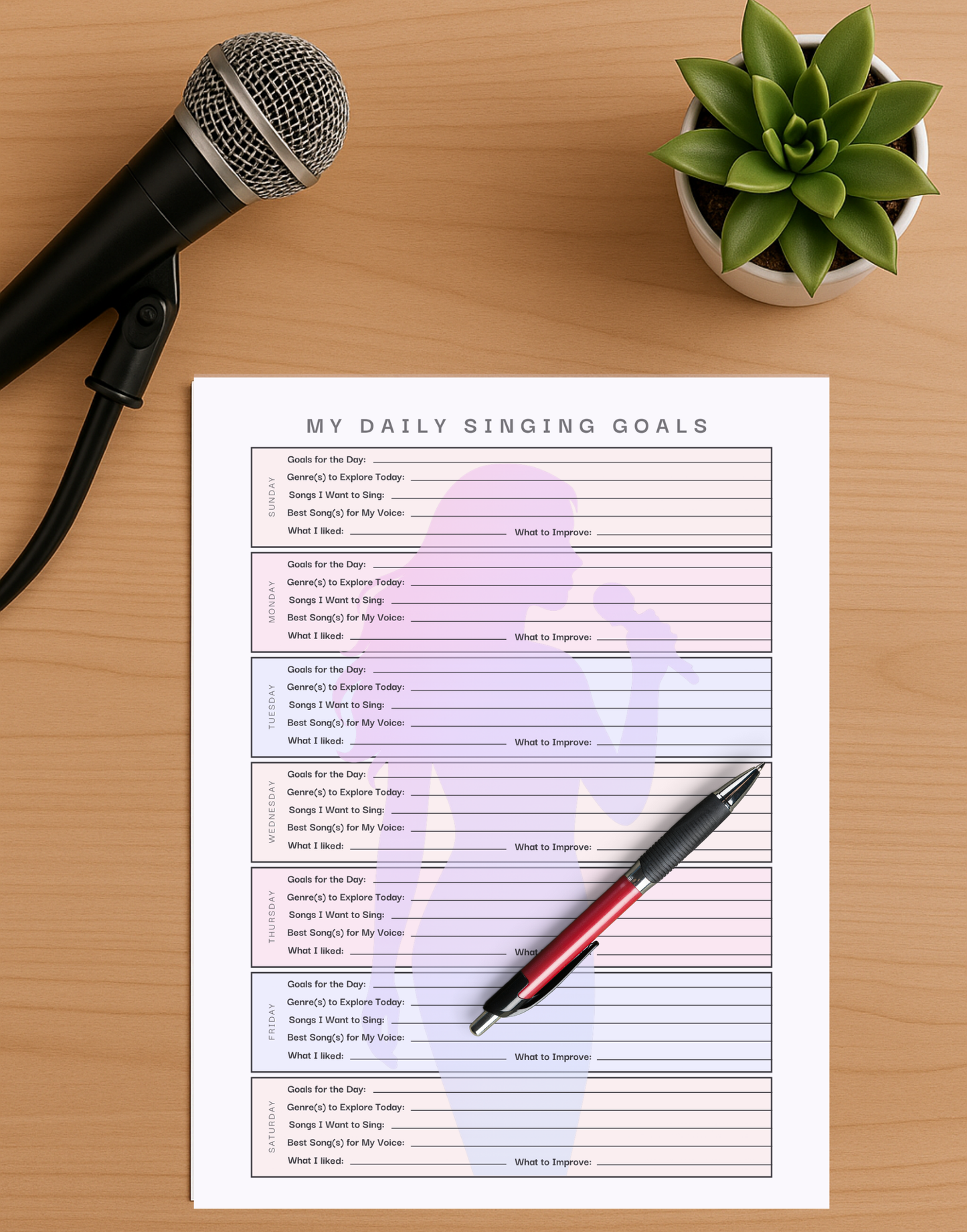 My Daily Singing Goals - Weekly Printable Planner
