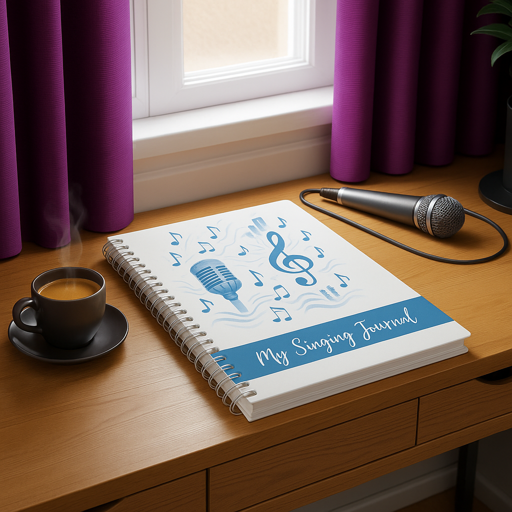 Vocal journal with the words, 'My Singing Journal' by Stella Jasmin on a desk with a microphone on it.