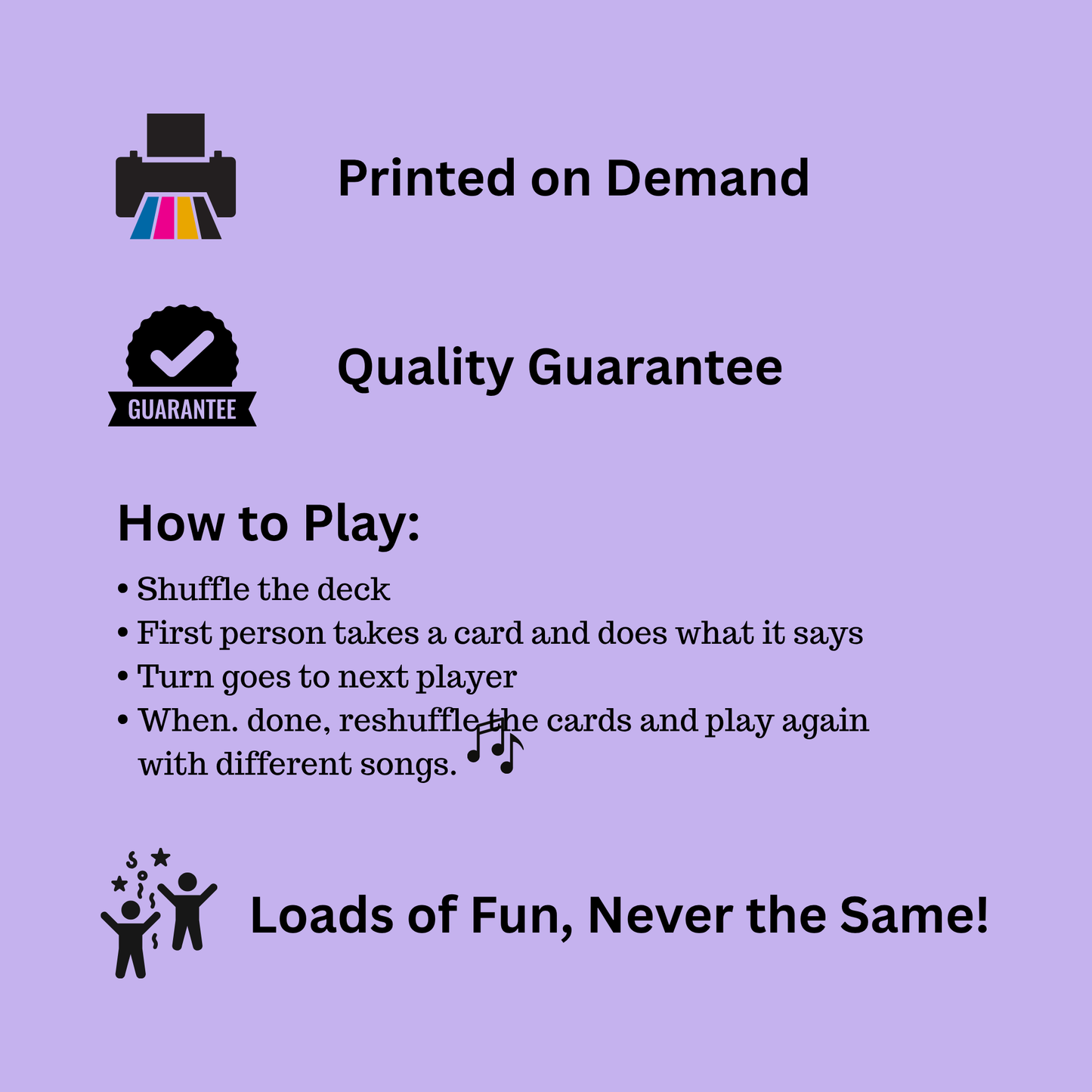 Instructions for a card game on a purple background with icons and text.