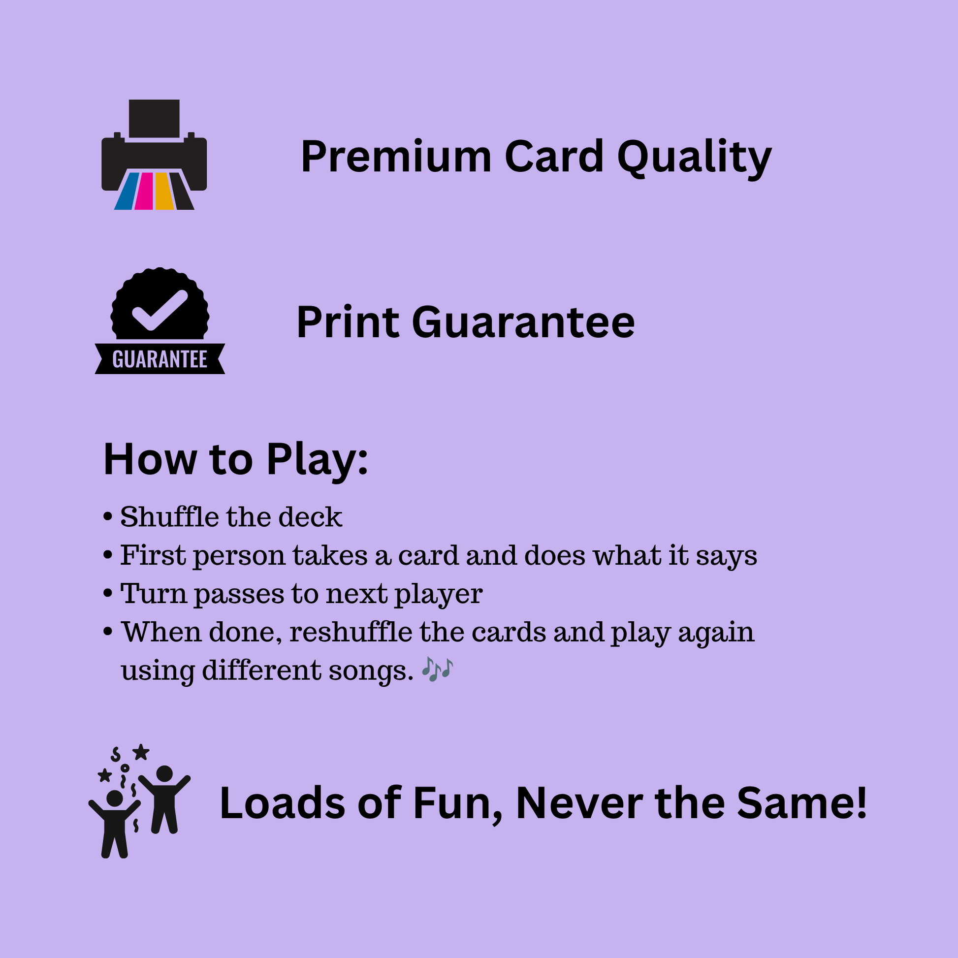 Instructions for playing a card game on a purple background with icons and text.
