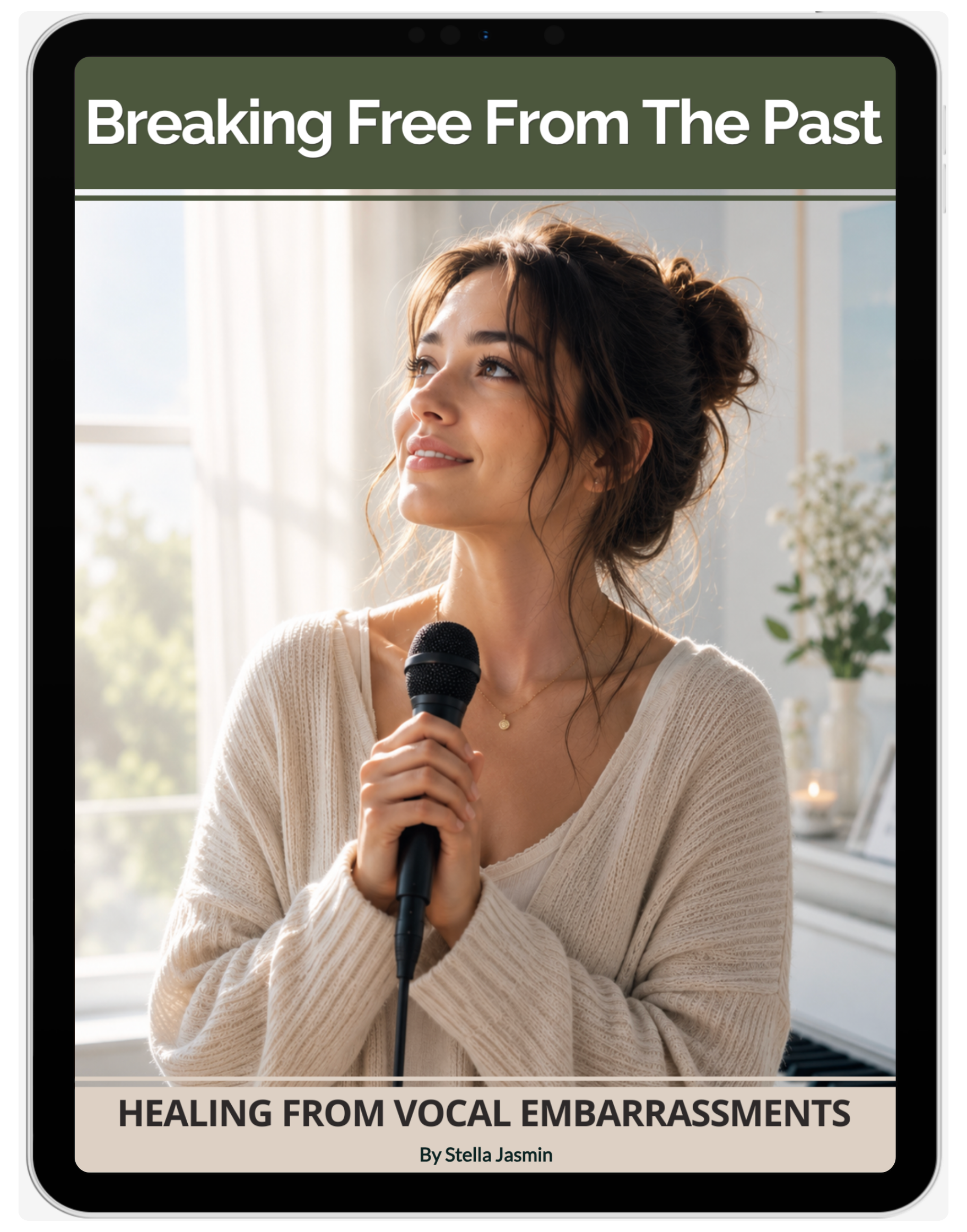 Woman holding a microphone with text 'Breaking Free From The Past - Healing from Vocal Embarrassments' from an e-book cover.