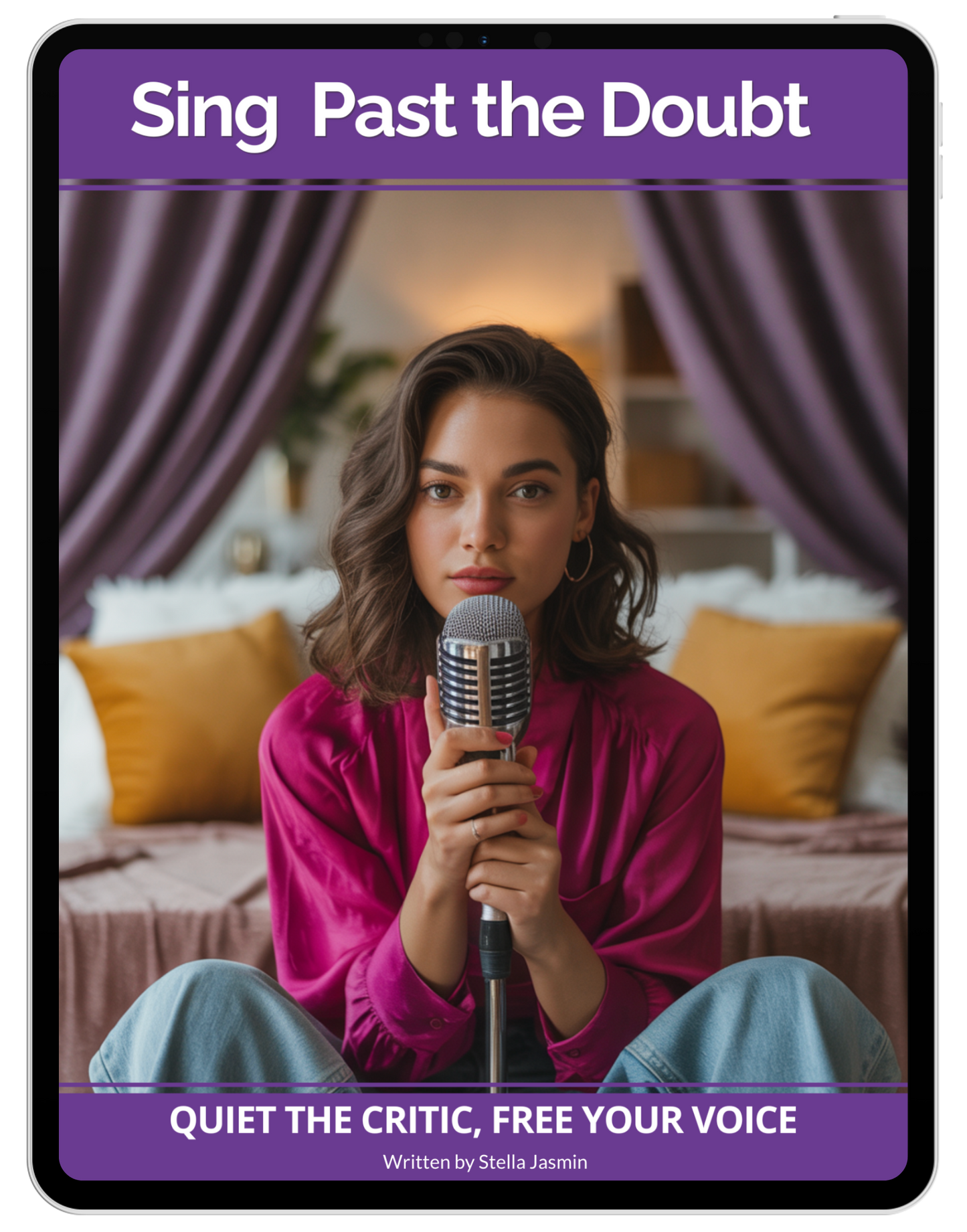 Woman holding a microphone against a purple background for an e-book cover entitled, 'Sing Past the Doubt - Quiet the Critic, Free Your Voice'.