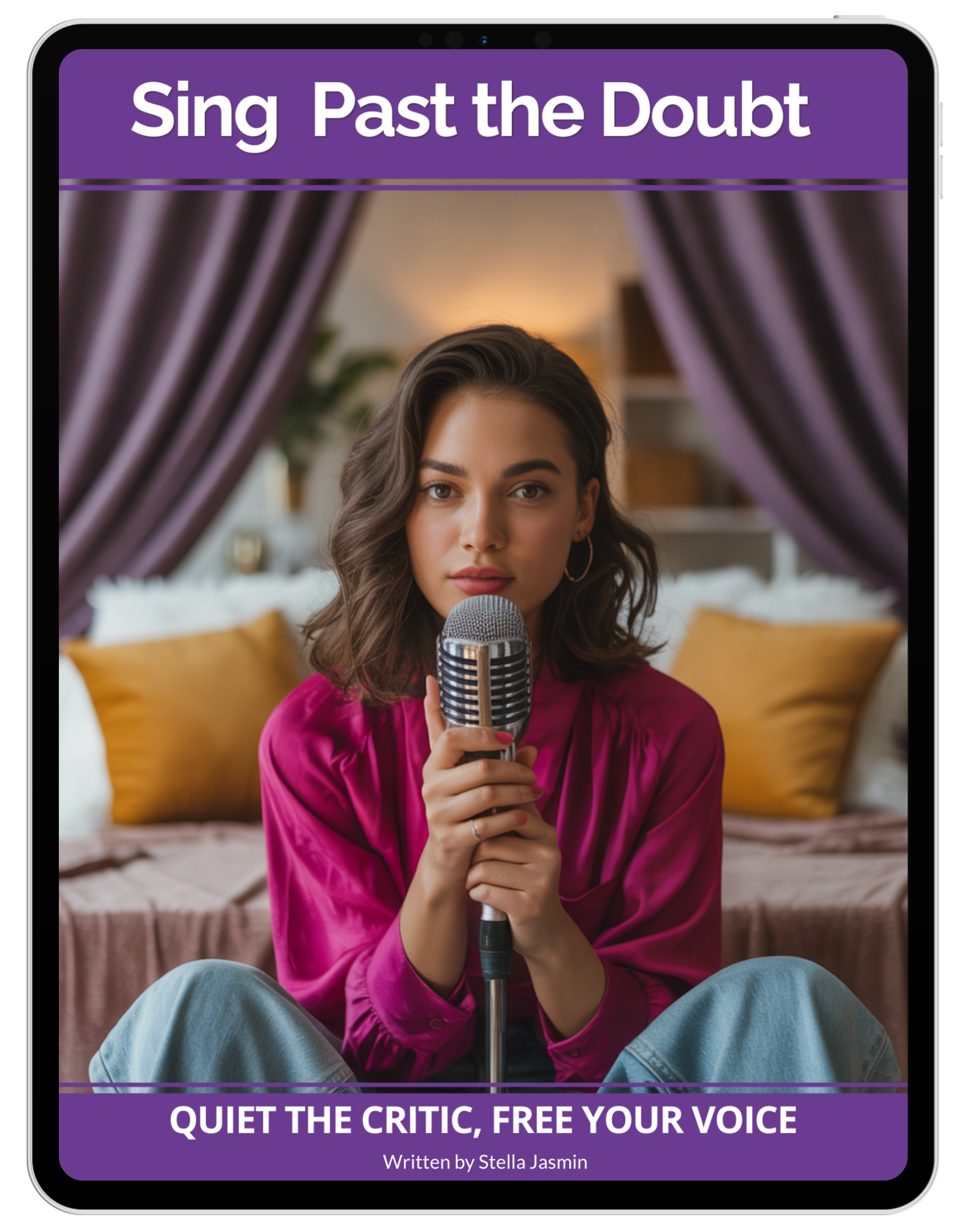 Woman holding a microphone against a purple background for an e-book cover entitled, 'Sing Past the Doubt - Quiet the Critic, Free Your Voice'.