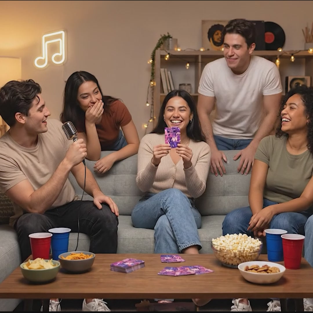 A video reel of 5 young people playing 'The Singing Party' card game in a living room setting with snacks and drinks.