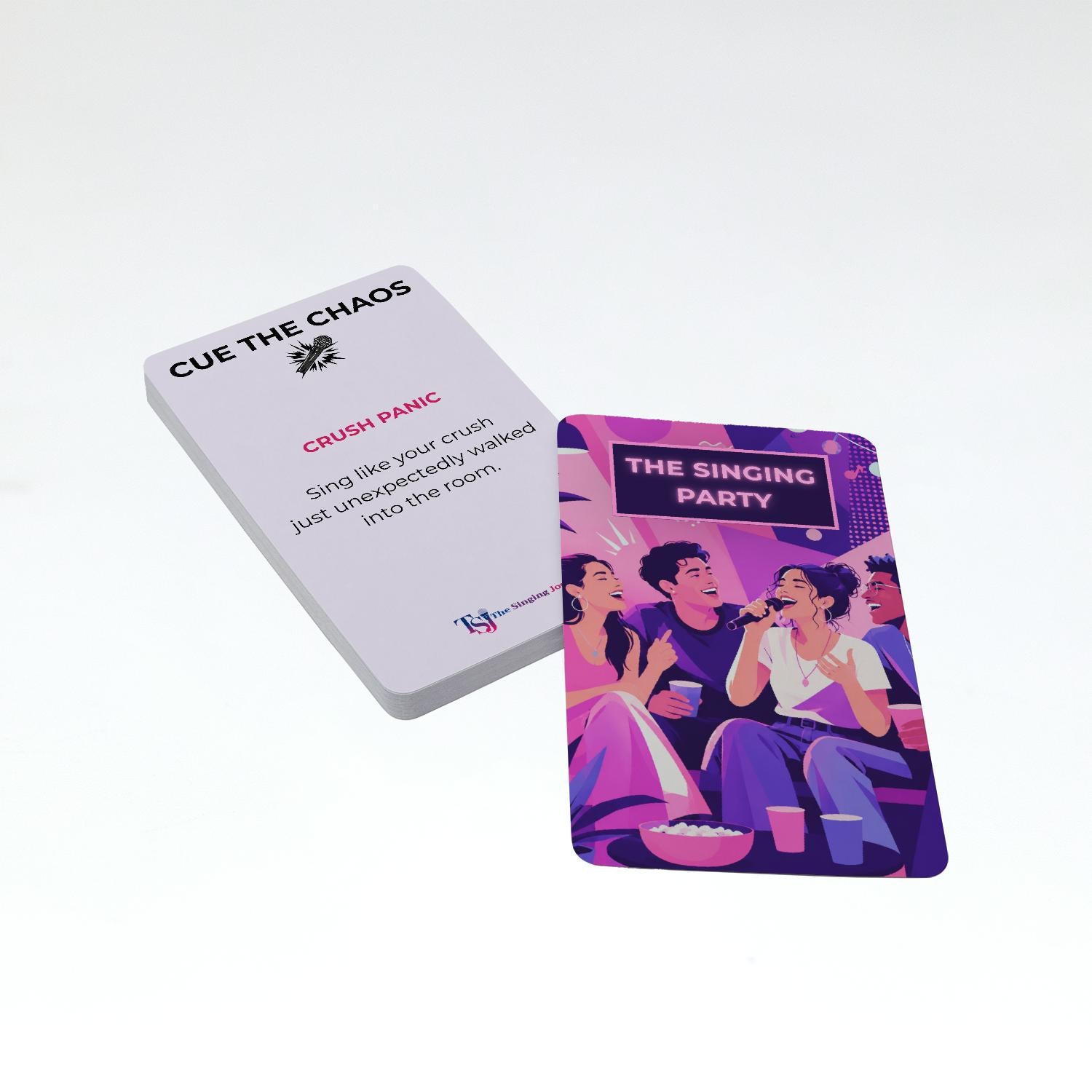 Two playing cards from 'The Singing Party' game on a white background