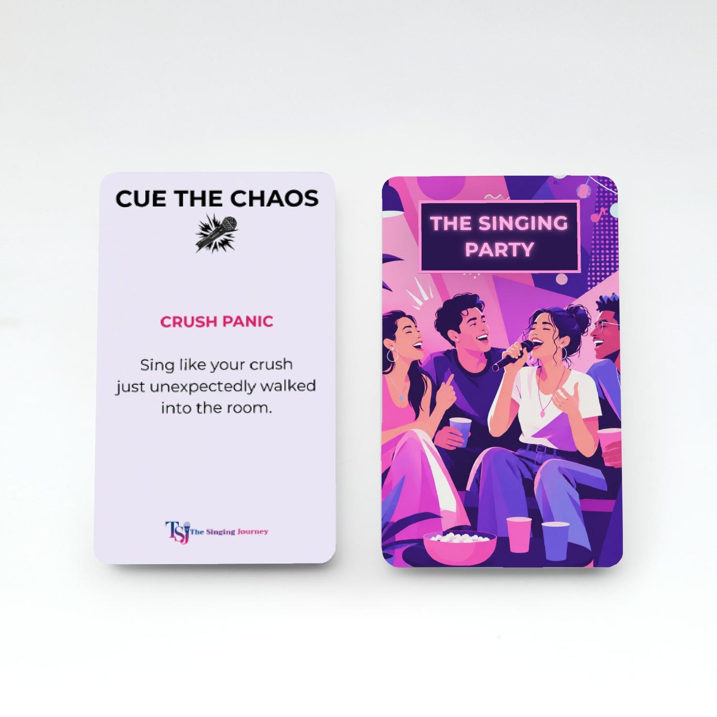 Two card designs from 'The Singing Party' game on a white background.
